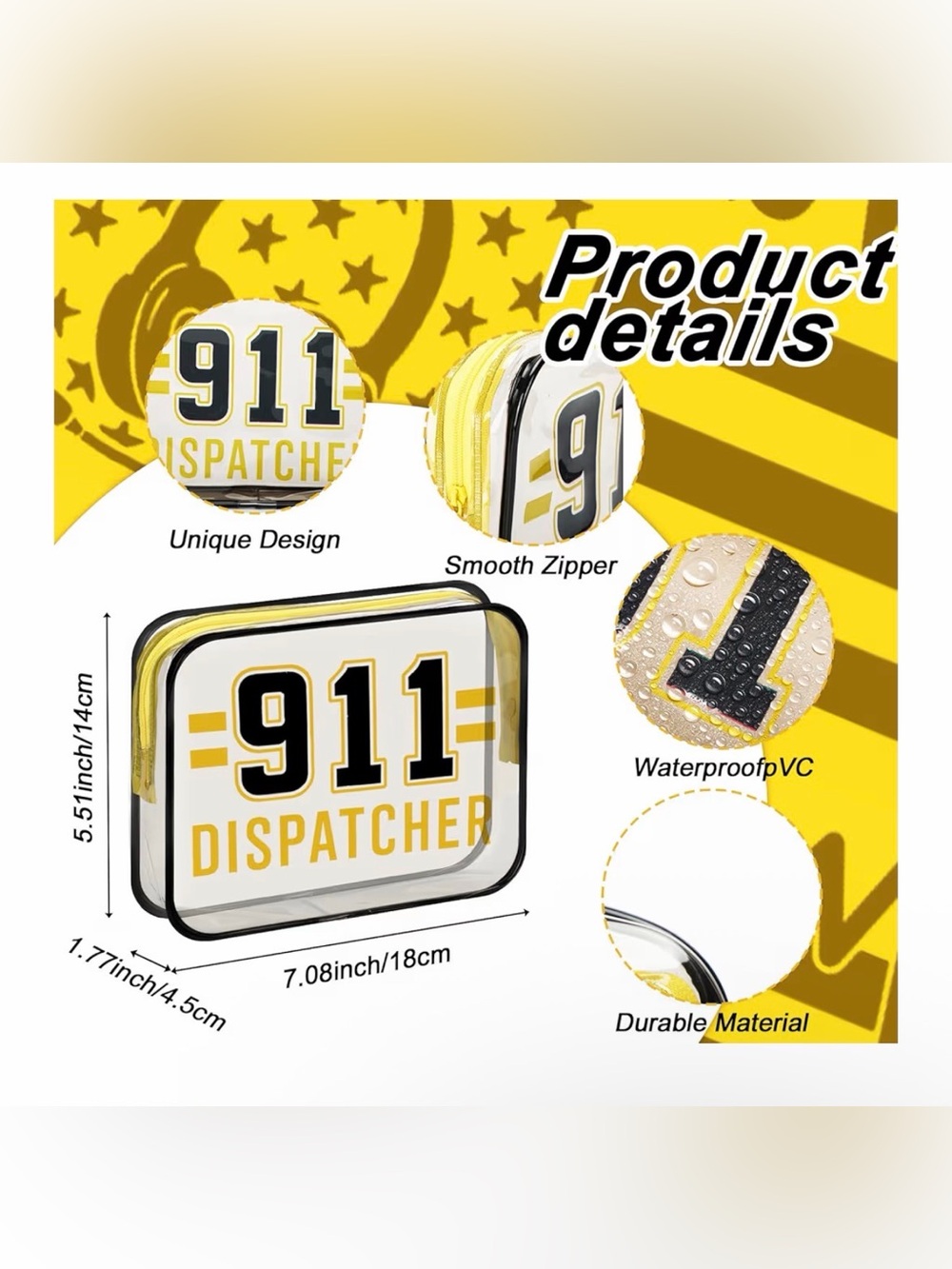 911 Emergency Dispatcher Gift 💛 Clear PVC Makeup Bag Cosmetics Case - Picture 3 of 9